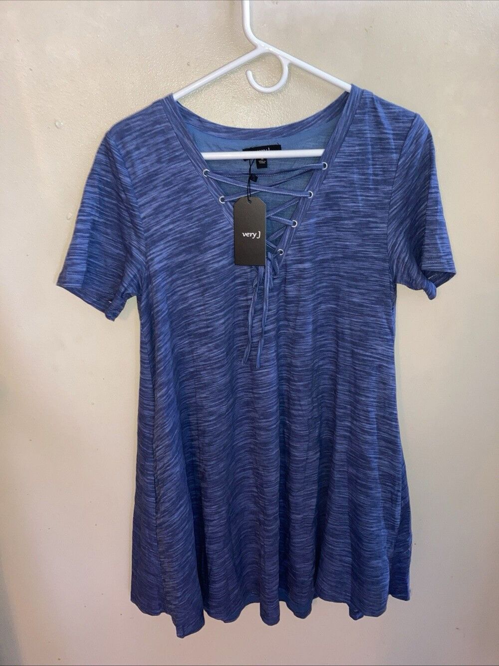 Very J Blue Marled Lace-Up Front Dress Size M Short Sleeve Casual NWT